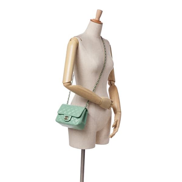 Pre-owned Chanel Mini Square Classic Lambskin Single Flap Green