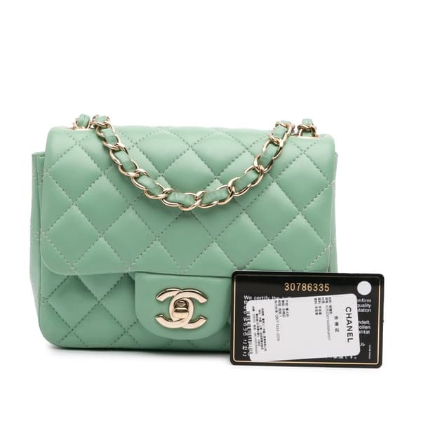 Pre-owned Chanel Mini Square Classic Lambskin Single Flap Green