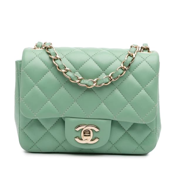 Pre-owned Chanel Mini Square Classic Lambskin Single Flap Green