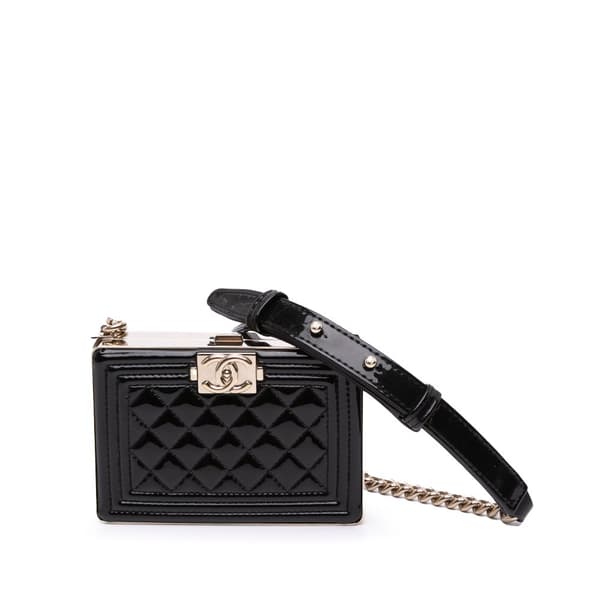 Pre-owned Chanel Quilted Patent Boy Box Minaudiere on Chain Black