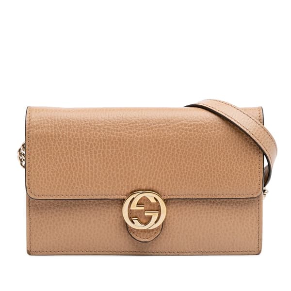 Pre-owned Gucci Leather Interlocking G Dollar Wallet on Chain Brown