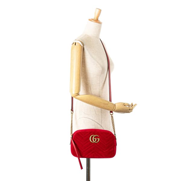 Pre-owned Gucci Small GG Marmont Matelasse Velvet Crossbody Red