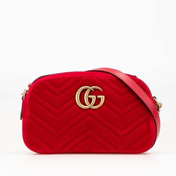 Pre-owned Gucci Small GG Marmont Matelasse Velvet Crossbody Red
