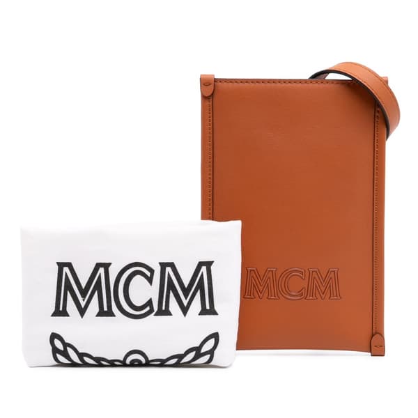 Pre-owned MCM Spanish Calfskin Embossed Logo Aren Lanyard Phone Case Brown