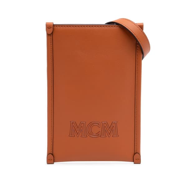 Pre-owned MCM Spanish Calfskin Embossed Logo Aren Lanyard Phone Case Brown