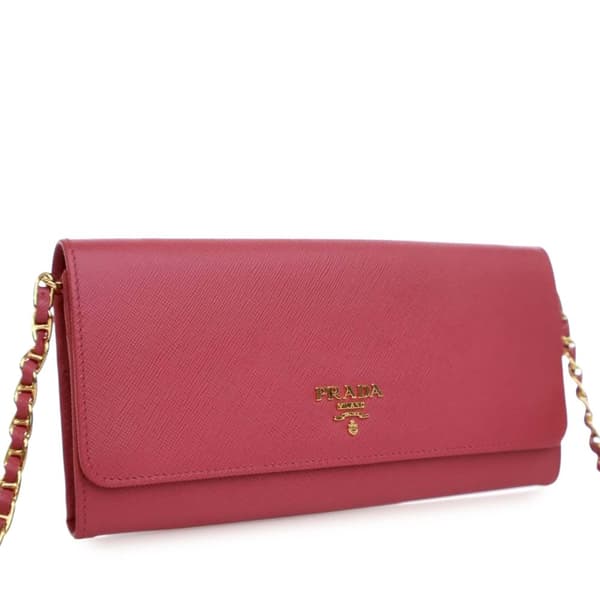 Pre-owned Prada Saffiano Wallet On Chain Pink