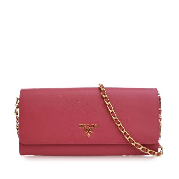 Pre-owned Prada Saffiano Wallet On Chain Pink