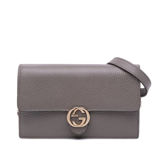 Pre-owned Gucci Leather Interlocking G Dollar Wallet on Chain Gray