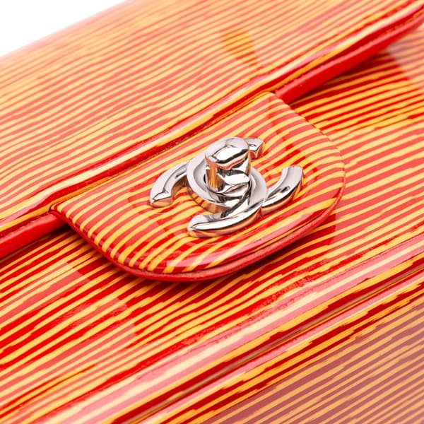 Pre-owned Chanel Mini Square Classic Patent Striped Single Flap Orange