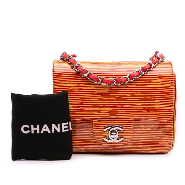 Pre-owned Chanel Mini Square Classic Patent Striped Single Flap Orange
