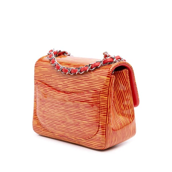 Pre-owned Chanel Mini Square Classic Patent Striped Single Flap Orange