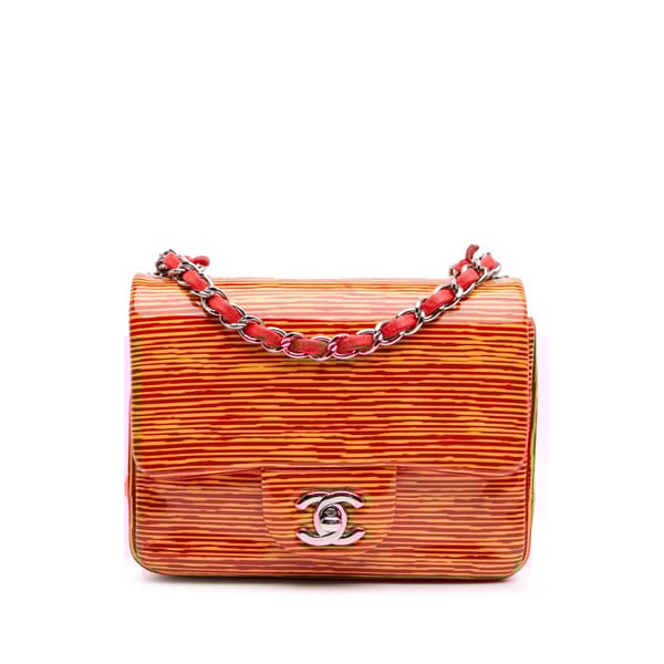 Pre-owned Chanel Mini Square Classic Patent Striped Single Flap Orange