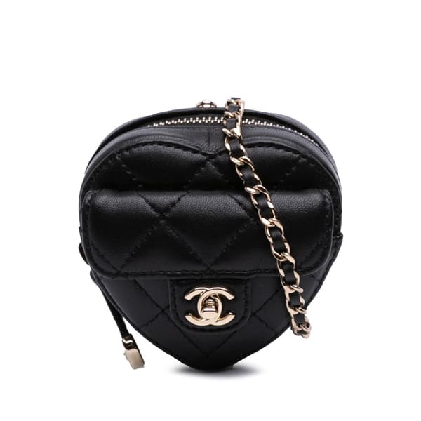 Pre-owned Chanel Lambskin CC in Love Heart Necklace Bag Black