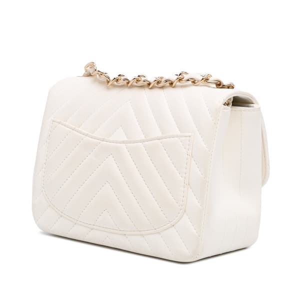Pre-owned Chanel Mini Square Classic Chevron Lambskin Single Flap White
