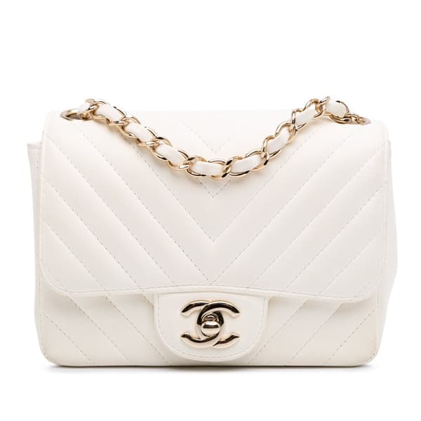 Pre-owned Chanel Mini Square Classic Chevron Lambskin Single Flap White