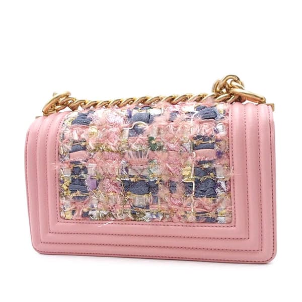 Pre-owned Chanel Small Tweed and Lambskin Boy Flap Pink