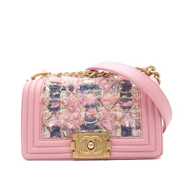 Pre-owned Chanel Small Tweed and Lambskin Boy Flap Pink