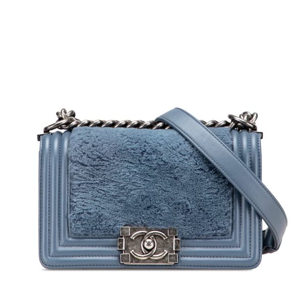 Pre-owned Chanel Small Leather and Fur Boy Flap Blue