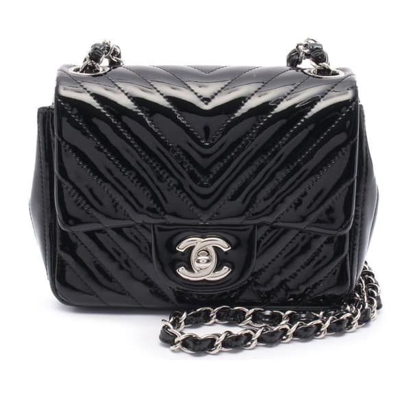 Pre-owned Chanel Mini Square Classic Chevron Patent Single Flap Black
