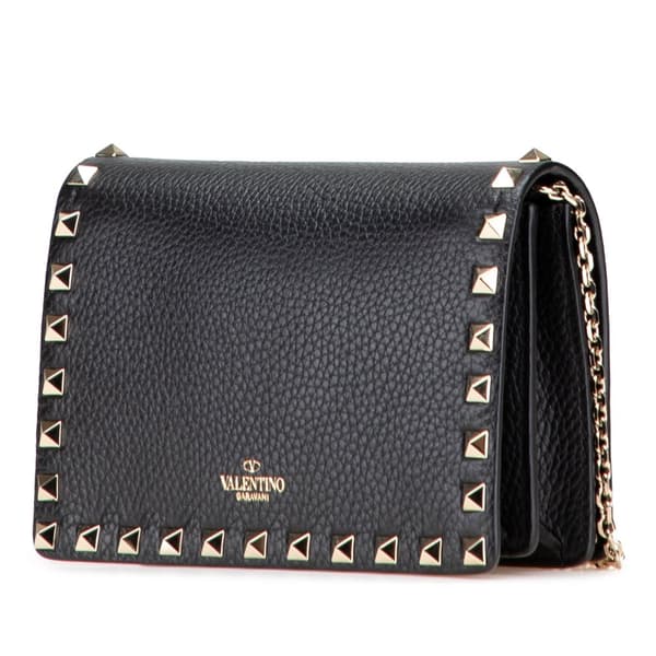 Pre-owned Valentino Pebbled Calfskin Rockstud Chain Wallet Black
