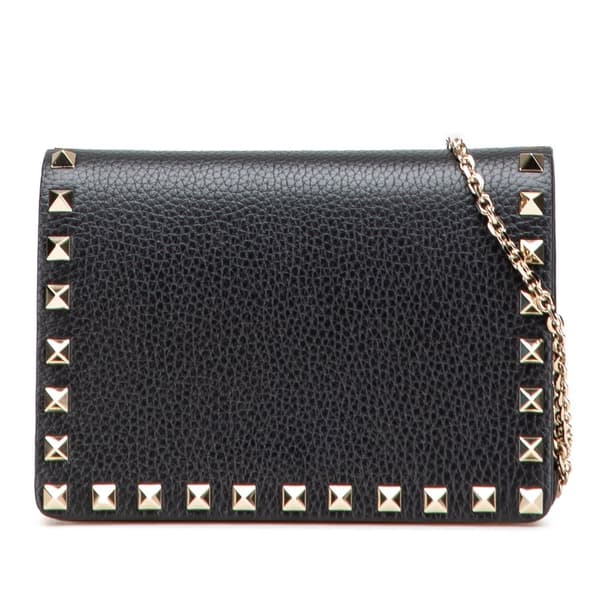 Pre-owned Valentino Pebbled Calfskin Rockstud Chain Wallet Black
