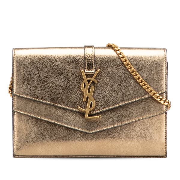 Pre-owned Saint Laurent Metallic Grain De Poudre Monogram Sulpice Chain Wallet Gold