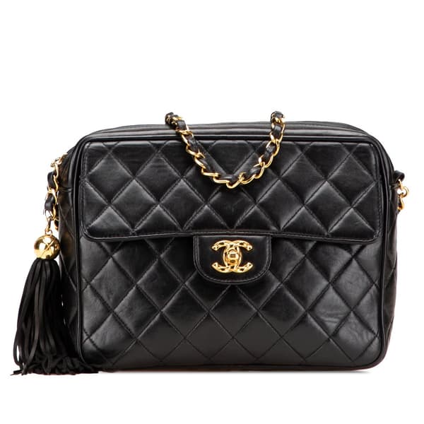 Pre-owned Chanel Small CC Quilted Lambskin Tassel Flap Camera Bag Black