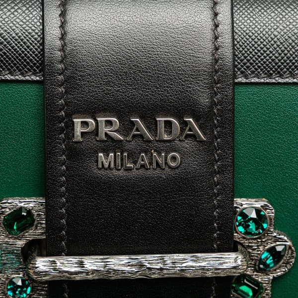 Pre-owned Prada Saffiano Trimmed City Calf Crystal Cahier Crossbody Green