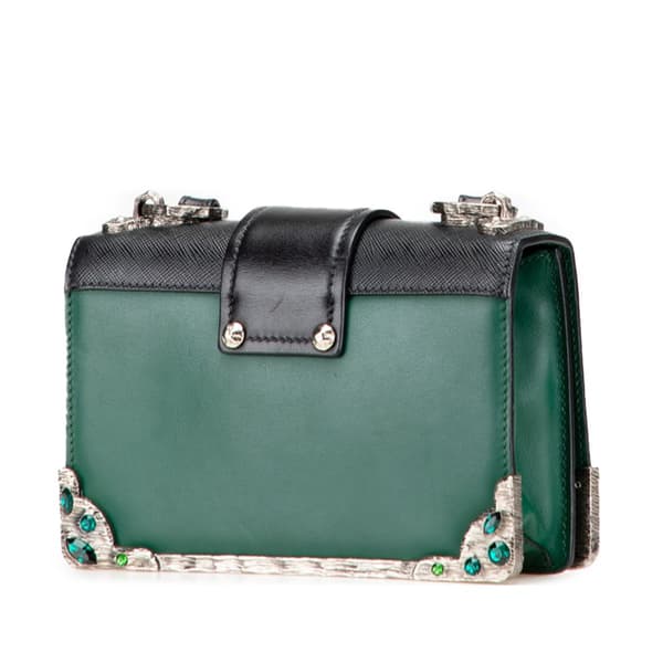 Pre-owned Prada Saffiano Trimmed City Calf Crystal Cahier Crossbody Green