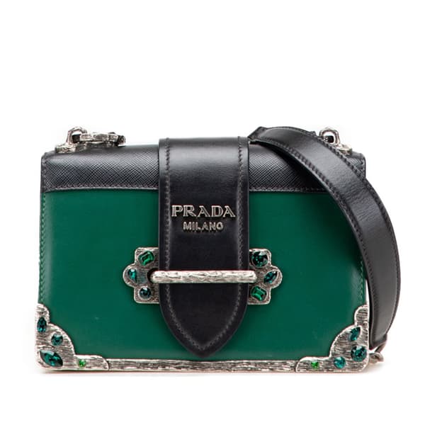 Pre-owned Prada Saffiano Trimmed City Calf Crystal Cahier Crossbody Green