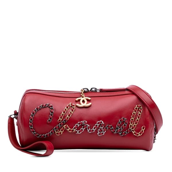Pre-owned Chanel Calfskin Signature Chain 20s Bowling Bag Red