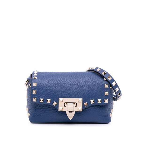 Pre-owned Valentino Mini Pebbled Calfskin Rockstud Flap Crossbody Blue
