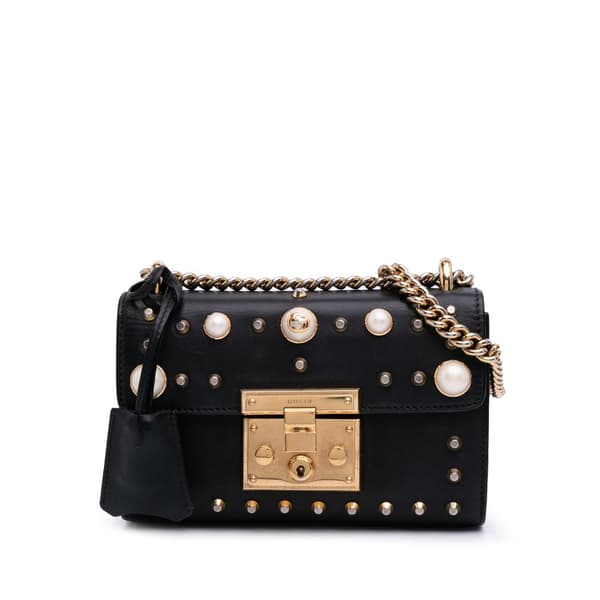 Pre-owned Gucci Small Pearl Studded Leather Padlock Crossbody Black