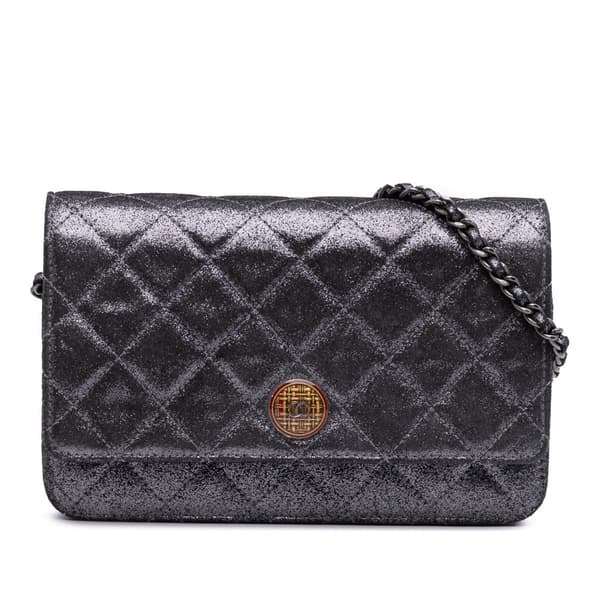 Pre-owned Chanel Quilted Iridescent Lambskin Tartan Button Wallet On Chain Silver