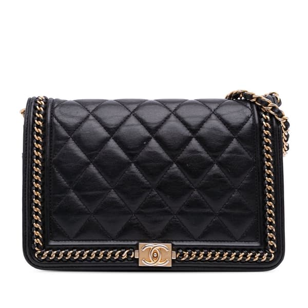 Pre-owned Chanel Quilted Calfskin Chain Around Boy Wallet On Chain Black