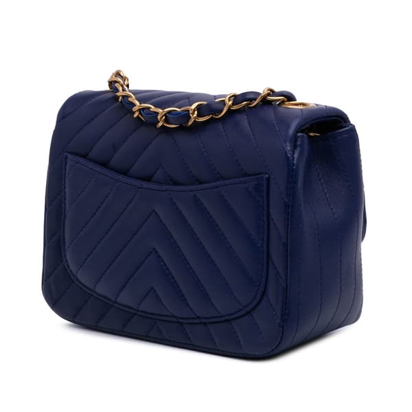Pre-owned Chanel Mini Square Classic Chevron Lambskin Single Flap Blue