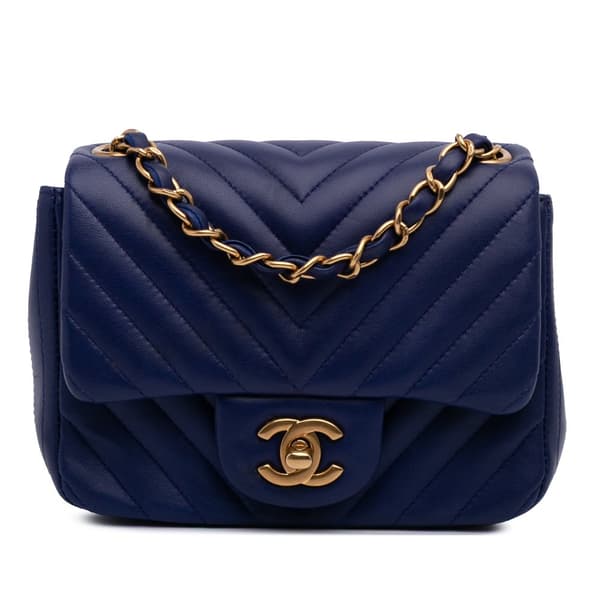 Pre-owned Chanel Mini Square Classic Chevron Lambskin Single Flap Blue