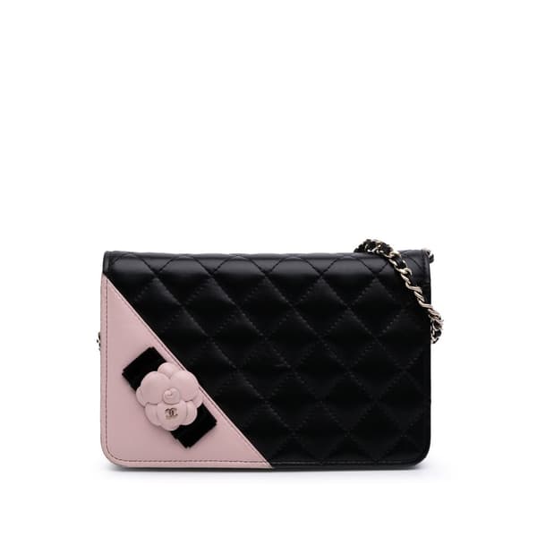 Pre-owned Chanel Bicolor Quilted Lambskin Camellia Wallet on Chain Black