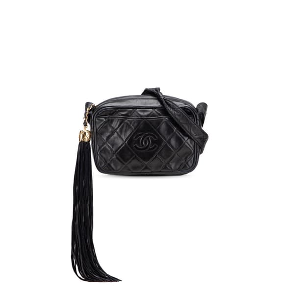 Pre-owned Chanel Mini CC Diamond Quilted Lambskin Tassel Camera Bag Black