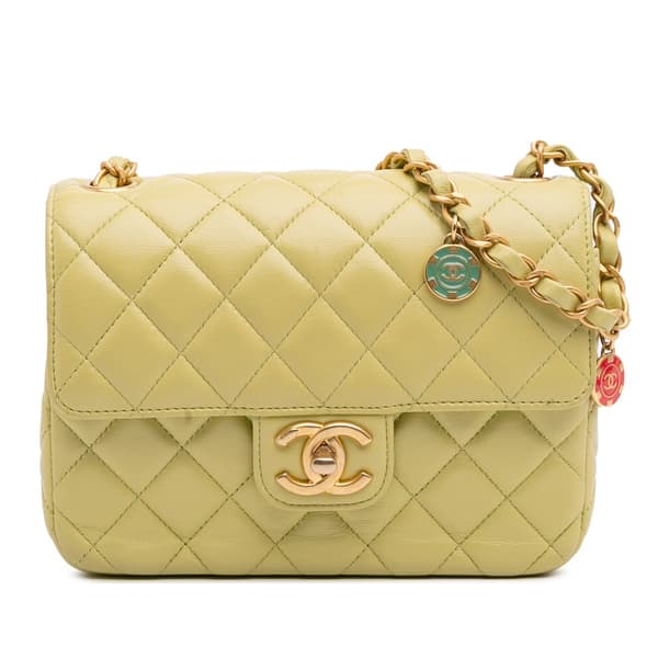 Pre-owned Chanel Mini Square Lambskin Casino Royale Charms Single Flap Green