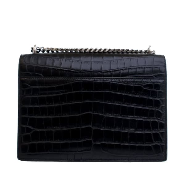 Pre-owned Saint Laurent Medium Croc Embossed Calfskin Sunset Flap Crossbody Black
