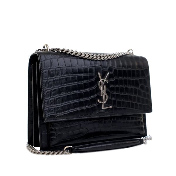 Pre-owned Saint Laurent Medium Croc Embossed Calfskin Sunset Flap Crossbody Black