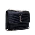 Miniatyrbild 2 av 10: Pre-owned Saint Laurent Medium Croc Embossed Calfskin Sunset Flap Crossbody Black