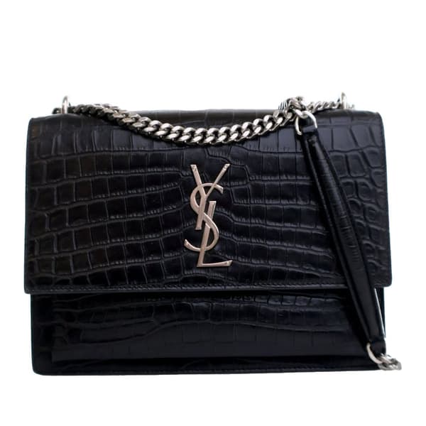 Pre-owned Saint Laurent Medium Croc Embossed Calfskin Sunset Flap Crossbody Black