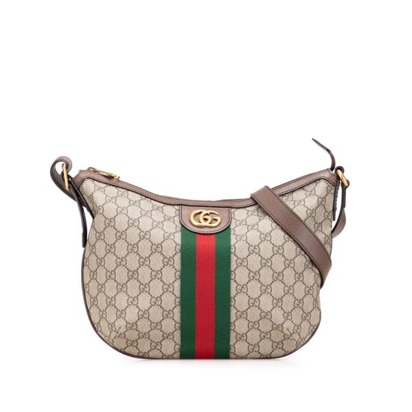 Pre-owned Gucci Small GG Supreme Web Ophidia Half Moon Crossbody Brown