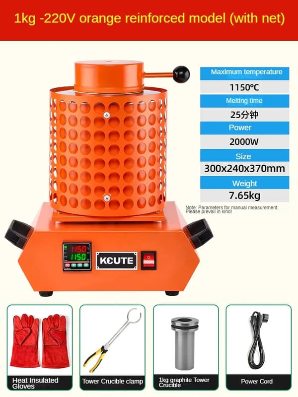 3KG Elektrisk Smelteovn, 1150°C Maksimal Temperatur, 2000W Effekt,1kg net orange