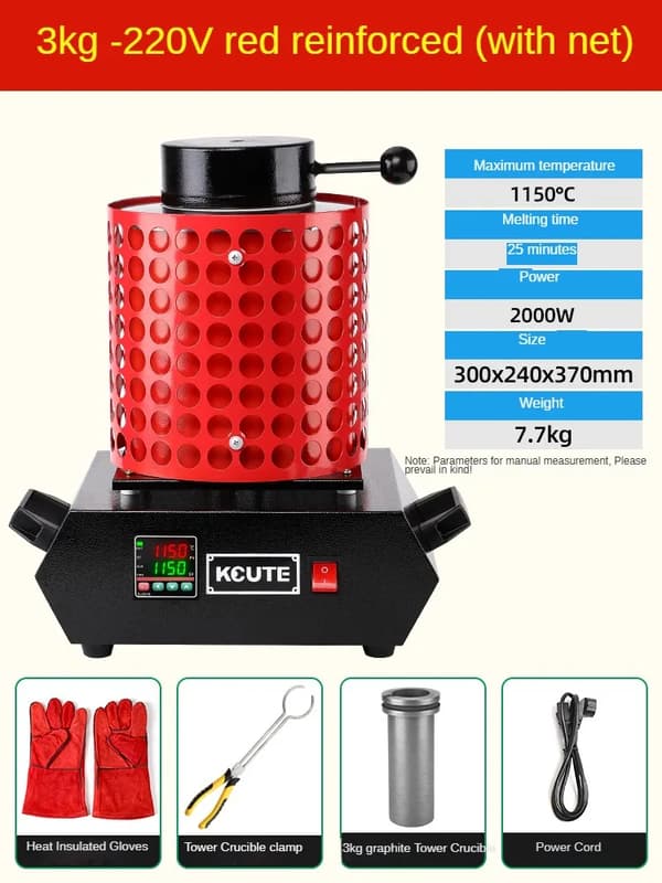 3KG Elektrisk Smelteovn, 1150°C Maksimal Temperatur, 2000W Effekt,3kg Net Rød