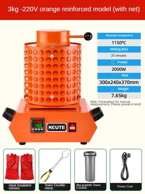 3KG Elektrisk Smelteovn, 1150°C Maksimal Temperatur, 2000W Effekt,3kg net orange