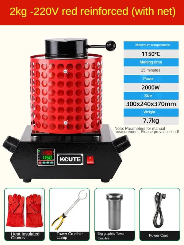 3KG Elektrisk Smelteovn, 1150°C Maksimal Temperatur, 2000W Effekt,2kg Netto Rød