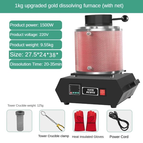 Guldsmelter, 1500W effekt, maksimal temperatur 1150 ℃,1kg med Gitter
